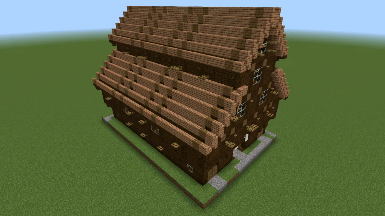 Wooden Village Market, medieval market hall, seen from the front right