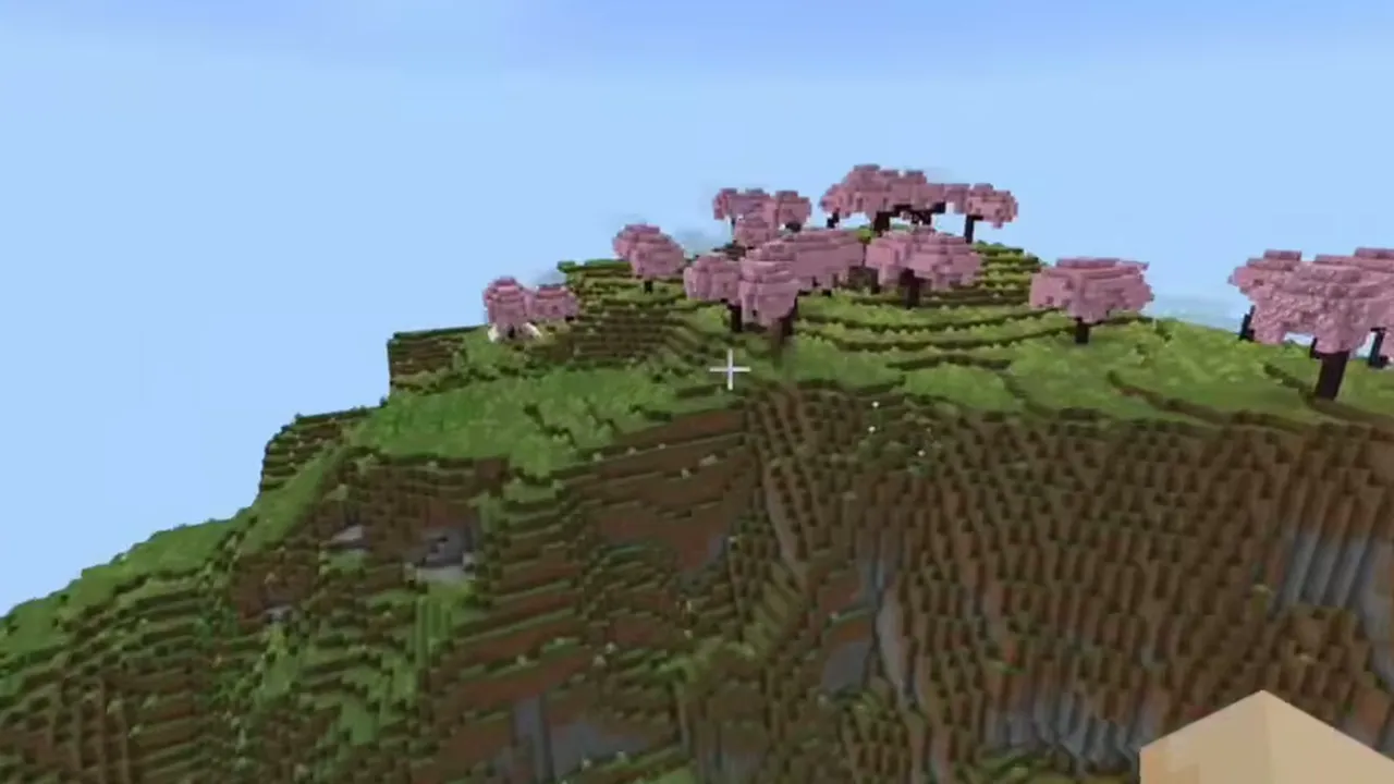 Flower Plains Village and Underground Ruins: Village buildings and crops in a grassy flower plain
