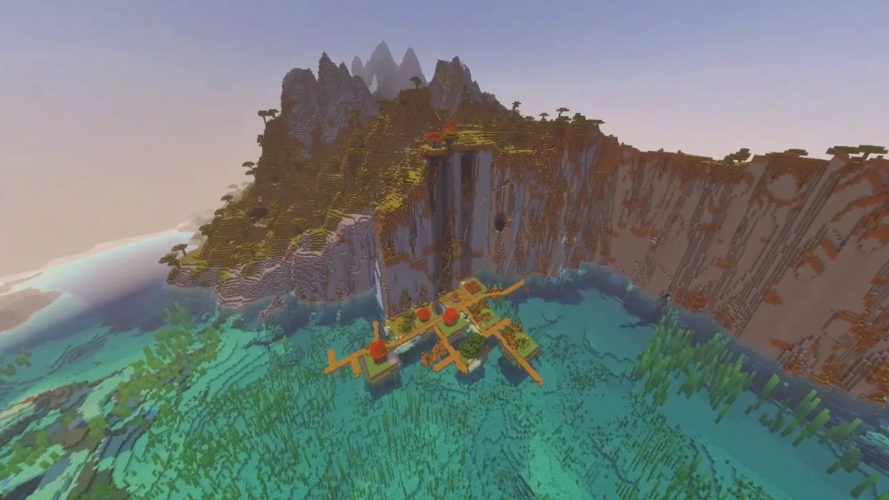 Canyon Coast Settlement: canyon coast settlement overview showing piers below badlands wall
