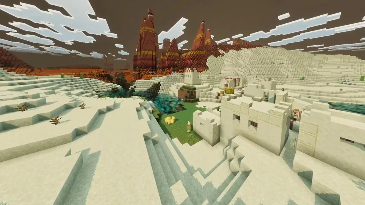 Canyon Temple Village: canyon temple village landscape showing river channel and terracotta peaks