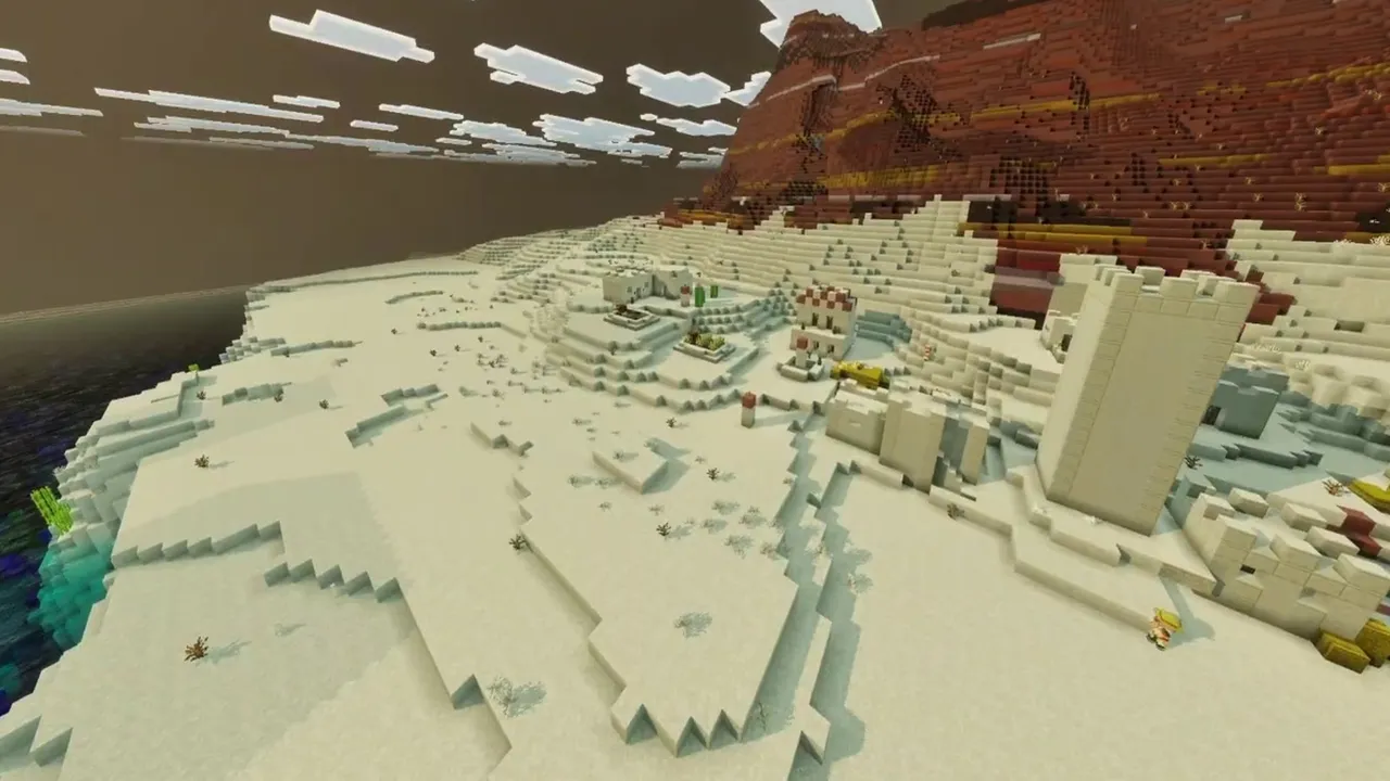 Ember Coast Village: ember coast village overview showing inlet water and red slopes