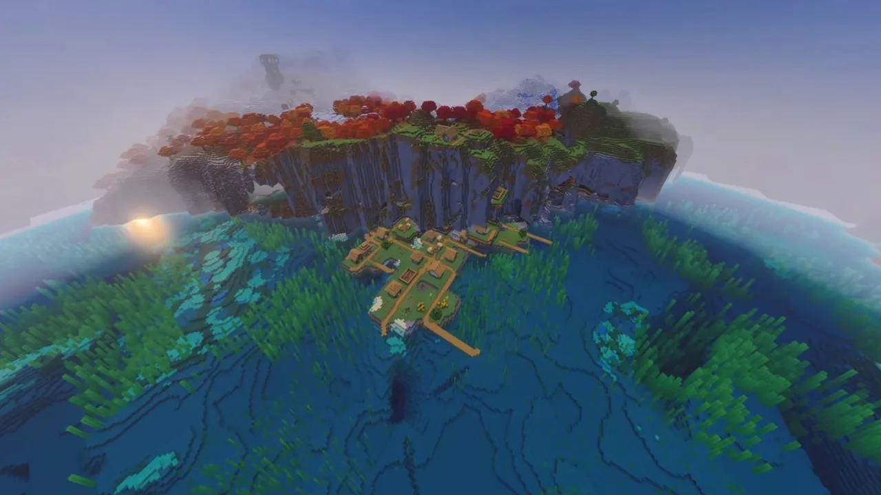 Maple Coast Village: aerial wide shot of coastal village below high stone cliffs with dappled forest