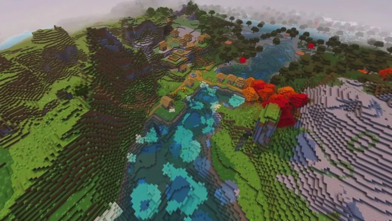 Autumn River Valley: closer view of bridges and wooden houses lining the river bank