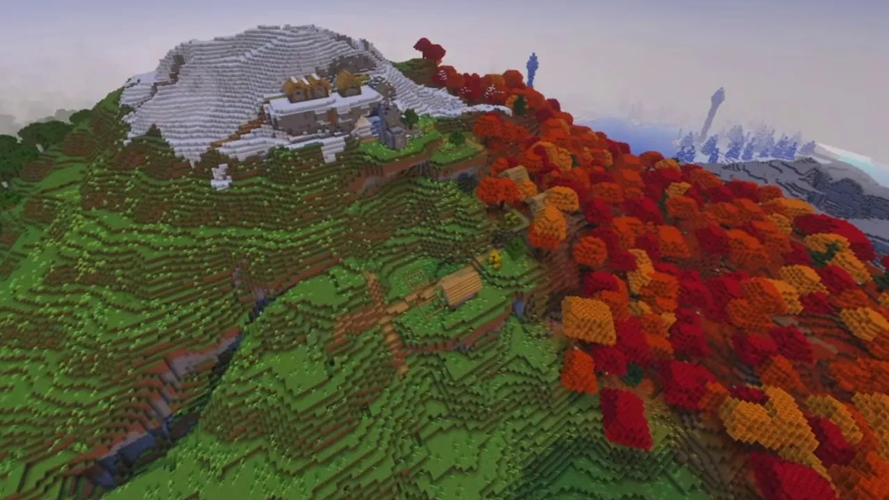 Three Biome Peak: closer view of homes along the lower slopes of the mountain