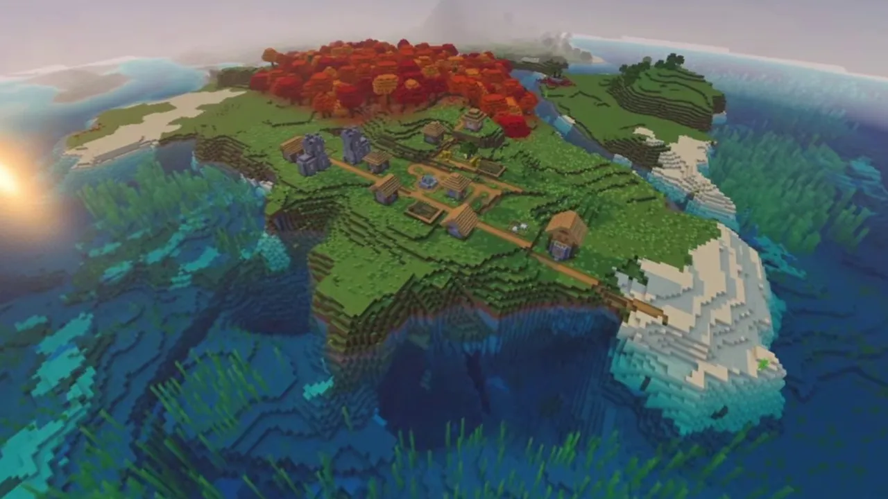 Autumn Isle Village: closer view of island dwellings and boat docks