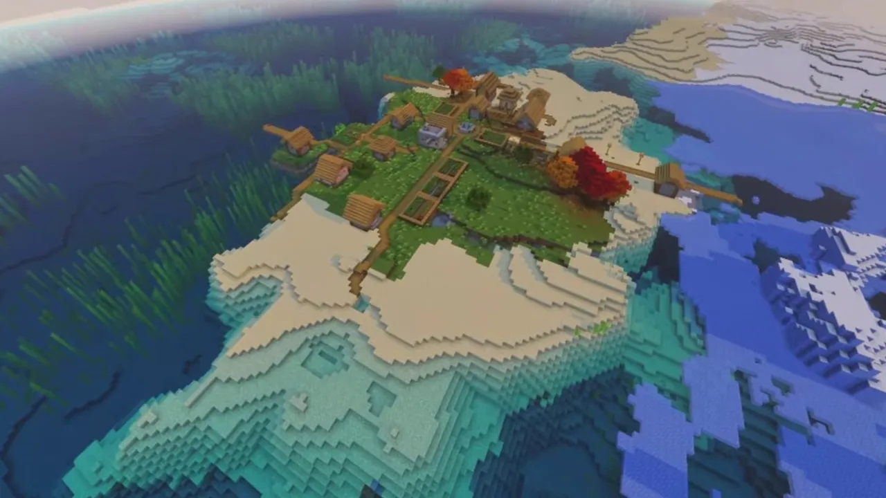 Frozen Isle Village: closer view of island huts and docks bordered by ice