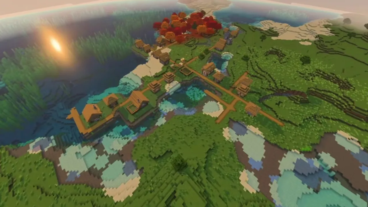 Maple Plains Village: closer view of plain houses and farm plots near the trees