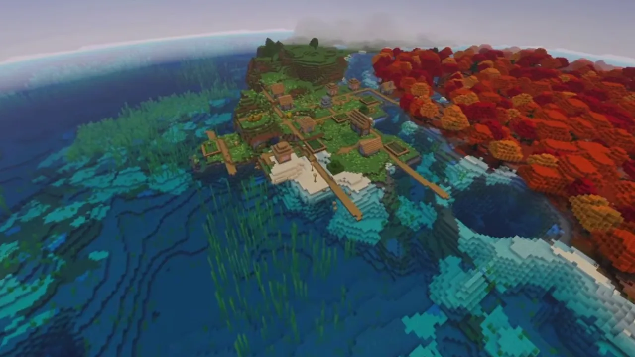 Autumn Coast Village: closer view of seaside houses along the sand shore