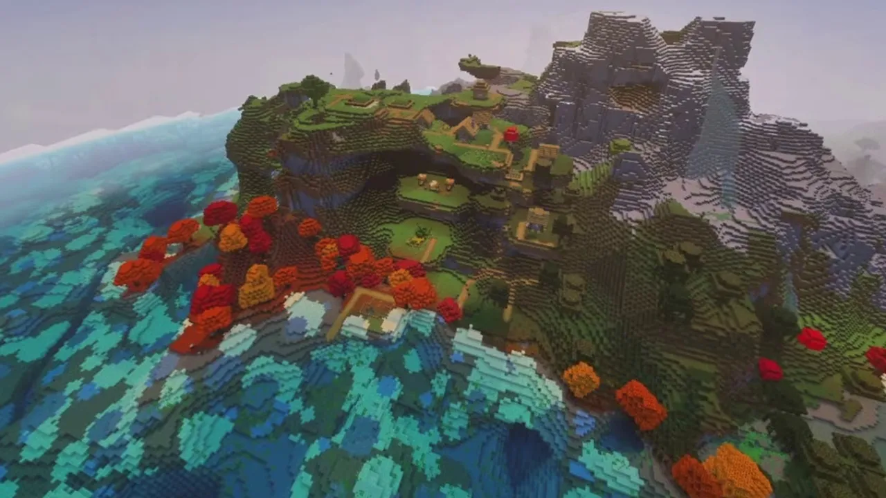 Autumn Peak Village: closer view of stepped houses and pathways on the mountainside