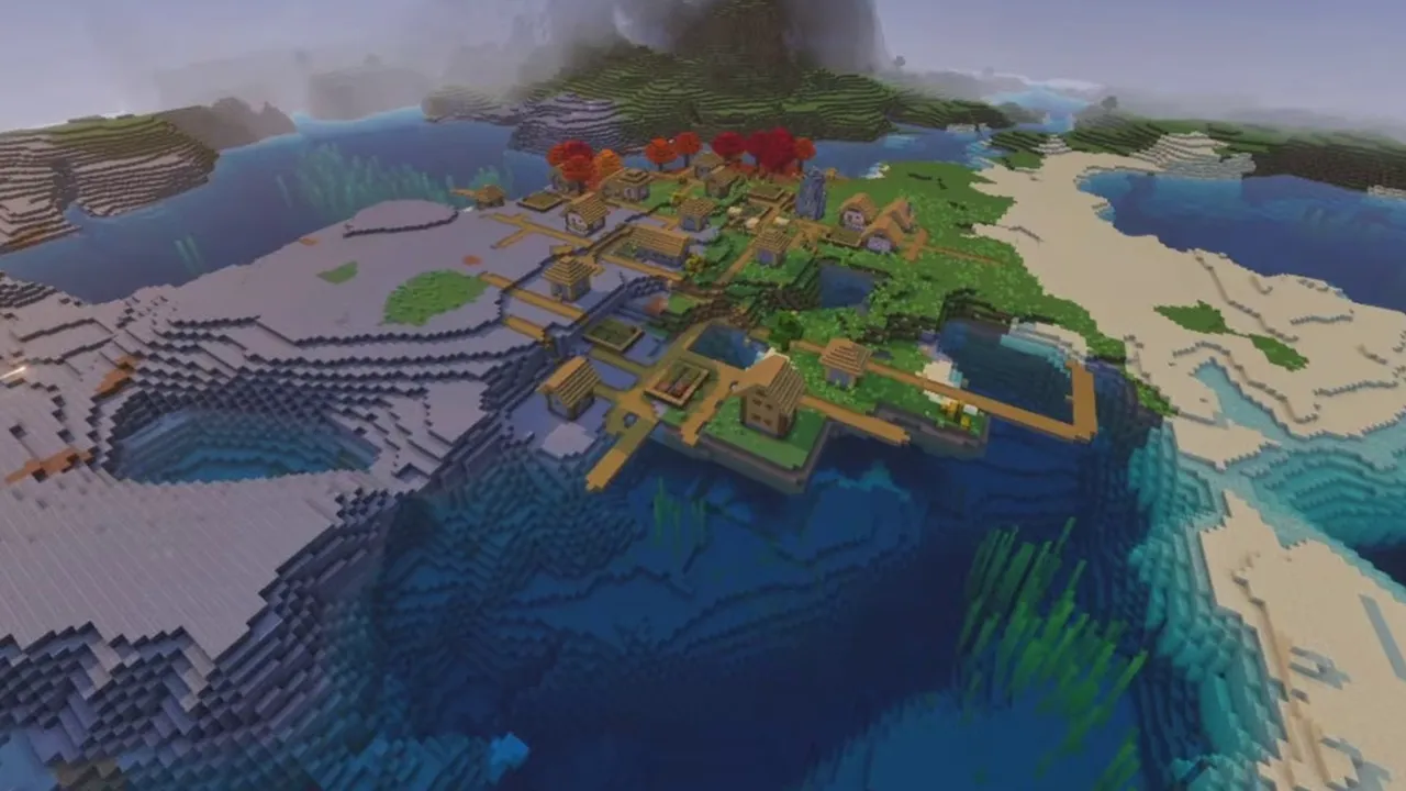 Frostshore Village: closer view of the huts and farms along the frozen waterline