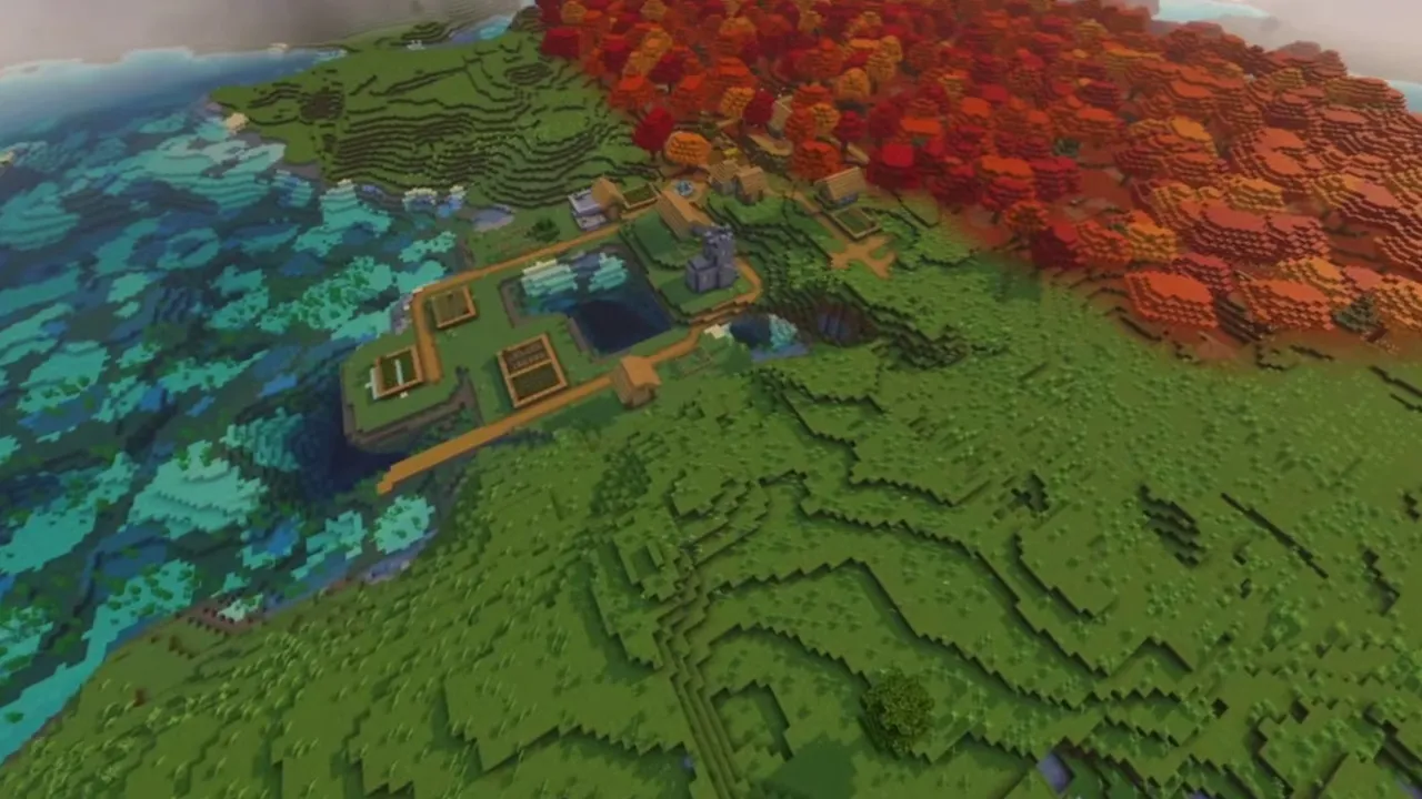 Golden Leaf Village: closer view of village docks and buildings near the golden forest