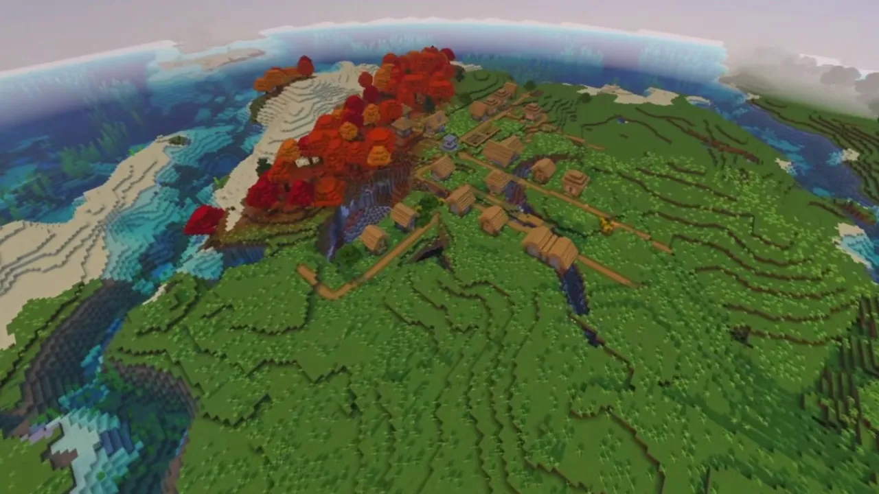 Autumn Meadow Village: closer view of village houses and paths near autumn trees