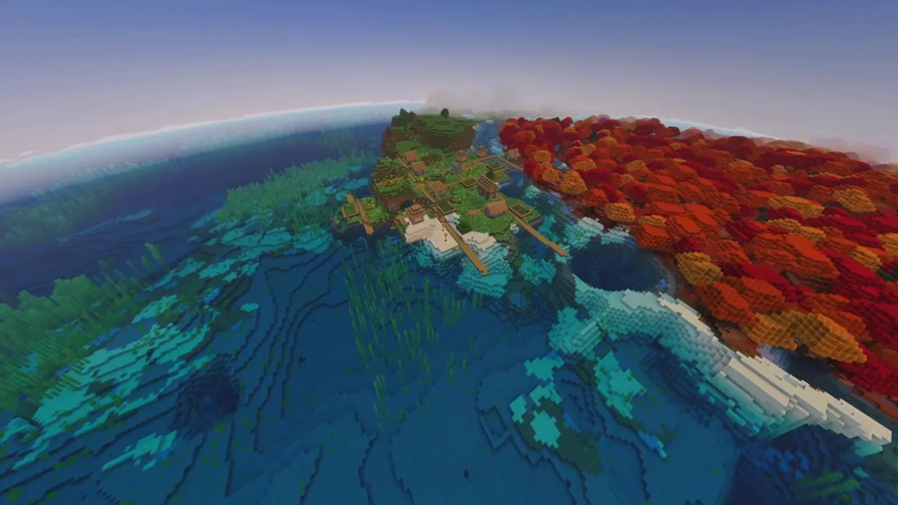 Autumn Coast Village: wide view of coastal village along a beach beneath low cliffs
