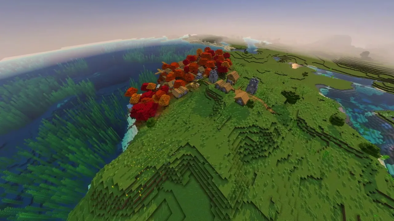 Redleaf Shore Village: wide view of coastal village bordering redleaf woodland