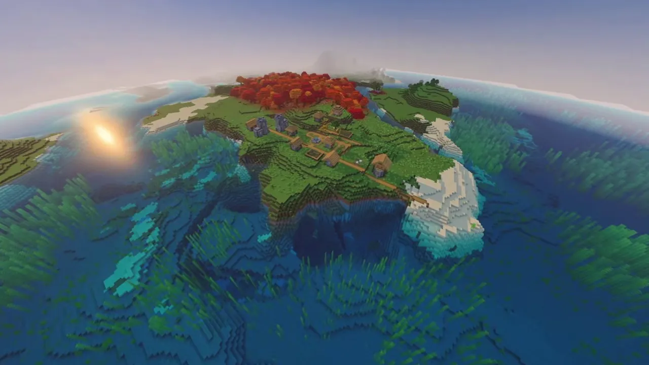 Autumn Isle Village: wide view of island village surrounded by deep ocean water