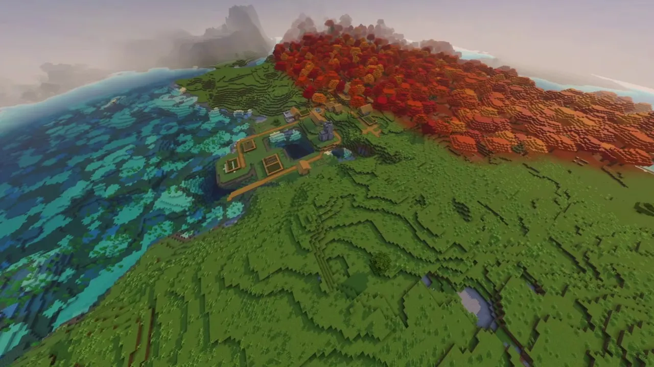 Golden Leaf Village: wide view of ocean bay village bordered by golden leaf trees