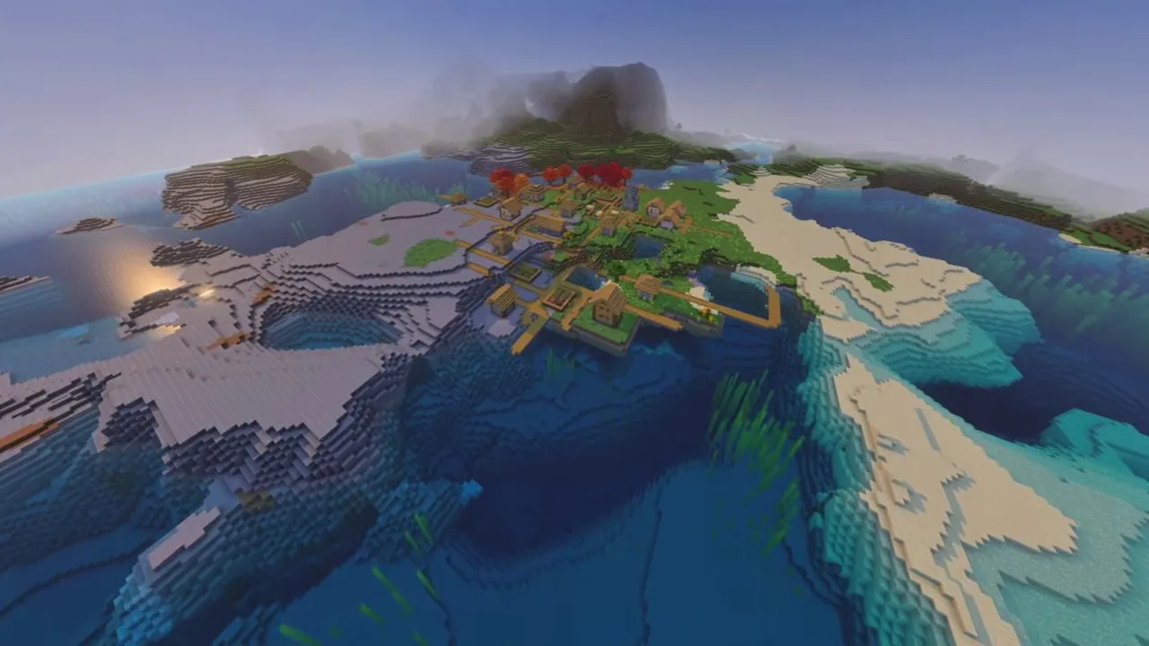 Frostshore Village: wide view of shoreline village between green fields and snowy coast