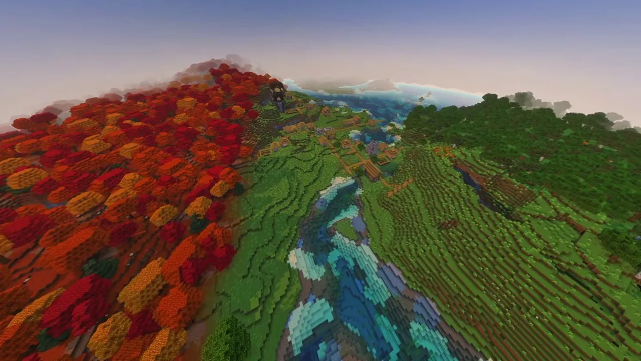 Tricolor Valley Village: wide view of valley village flanked by multi-colored forest slopes