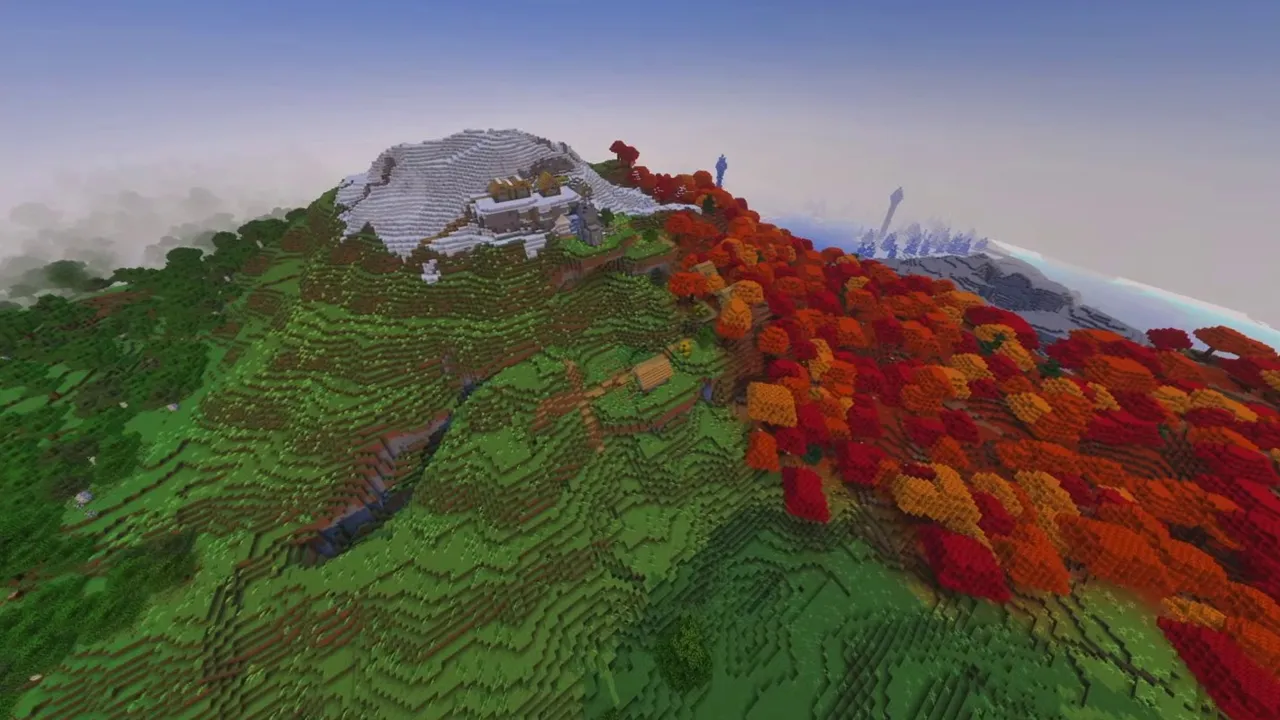 Three Biome Peak: wide view of village at the base of peaks where three biomes converge