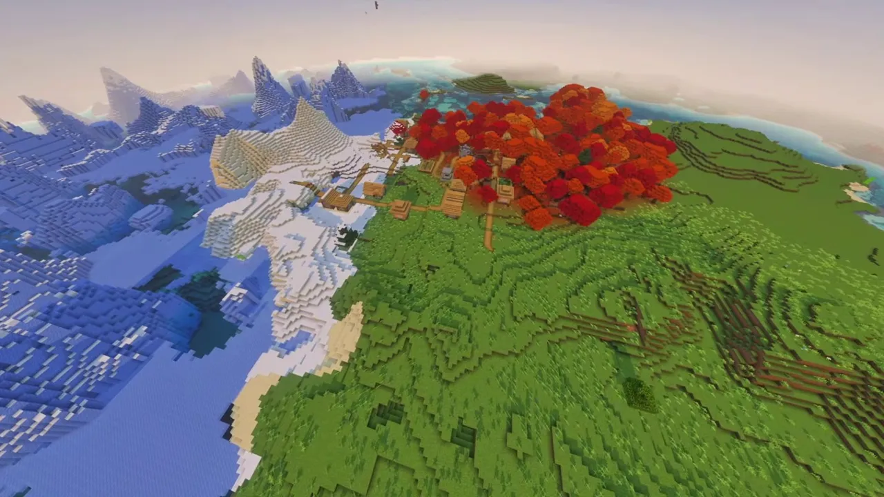 Frozen Maple Village: wide view of village at the edge of snow plains and red trees