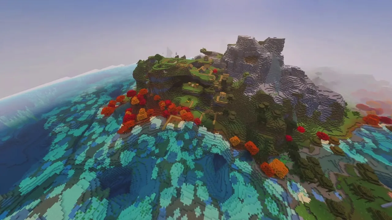Autumn Peak Village: wide view of village climbing the slope of a tall mountain peak