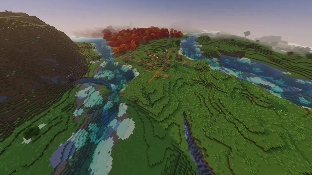 Redleaf Valley Village: wide view of village located within an autumn tree basin