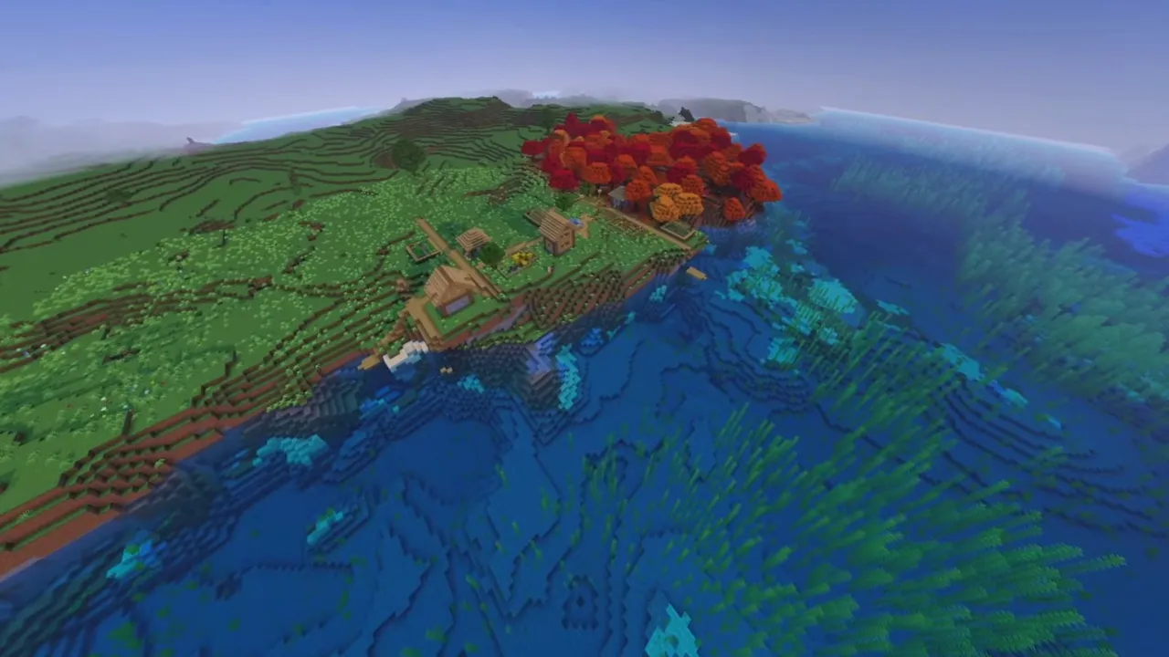 Autumn Plains Village: wide view of village on open grassland surrounded by autumn forest