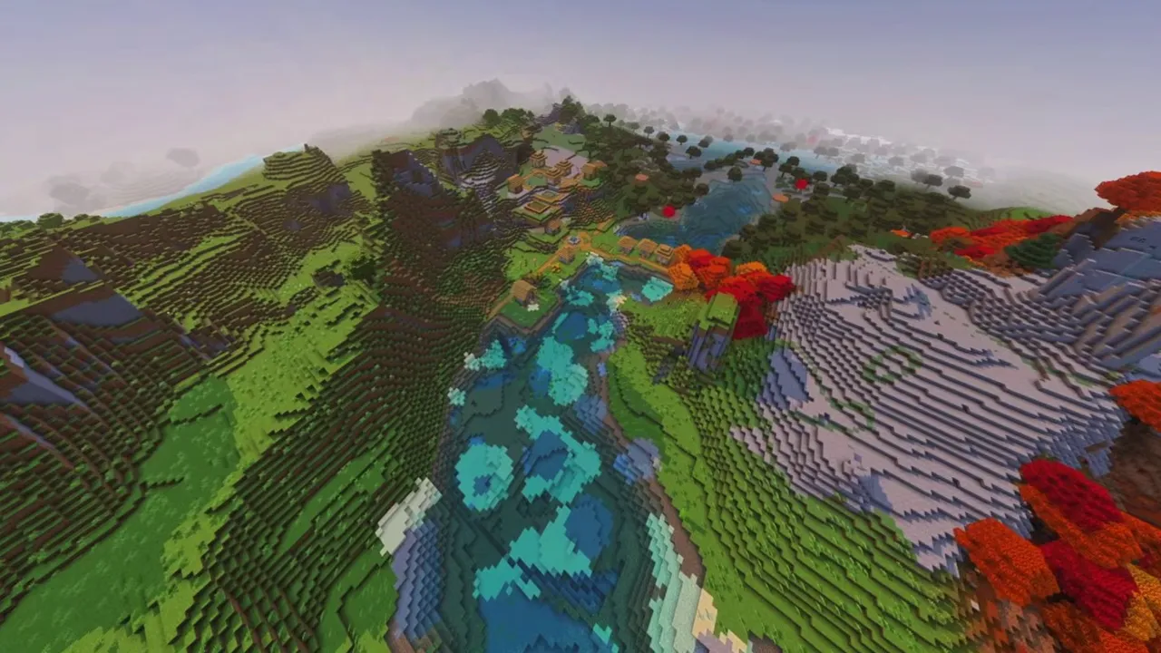 Autumn River Valley: wide view of village situated along a winding river valley