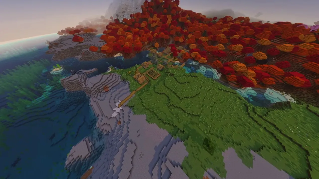 Autumn Ridge Village: wide view of village situated along a high grassy ridge by the water