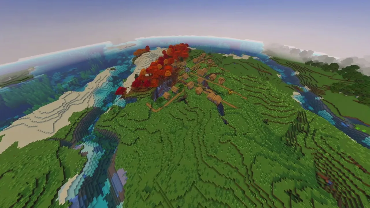 Autumn Meadow Village: wide view of village spread across green hills beside red-leafed woodland