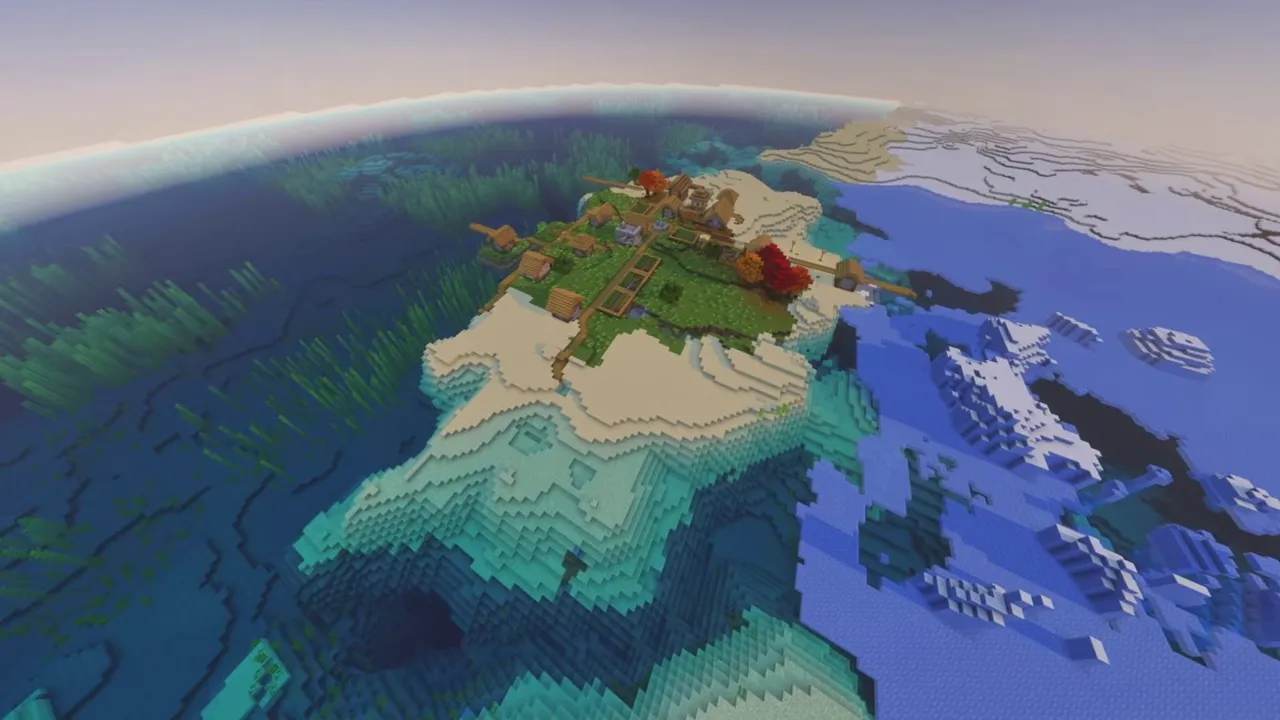 Frozen Isle Village: wide view of village on an island surrounded by cold ocean water