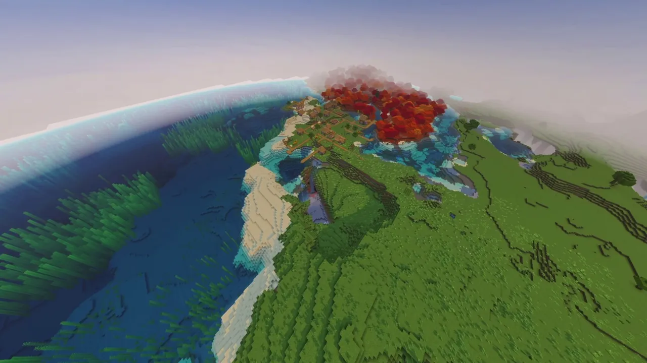 Autumn Bay Village: autumn bay village overview showing sheltered inlet and red trees