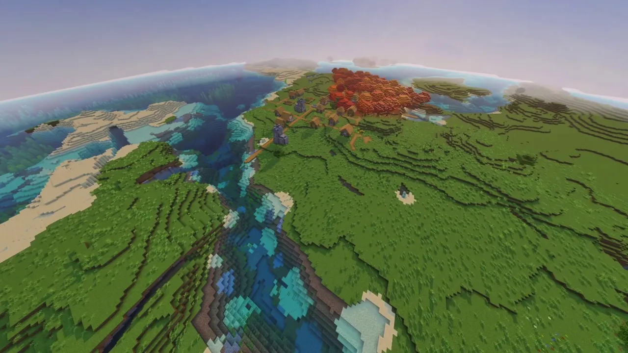 Autumn Waters Village: autumn waters village overview showing river mouth and ocean lagoon