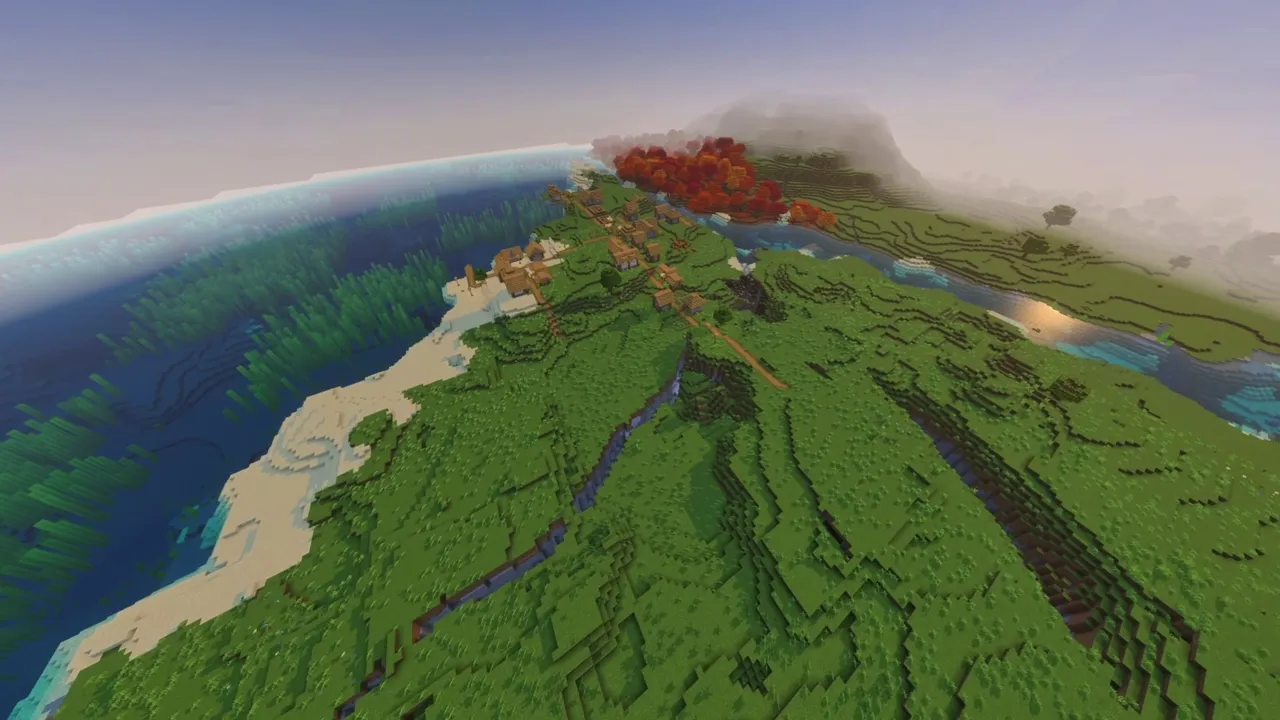 Autumn Coast Settlement: coastal village houses showing shallow water bay and open ground
