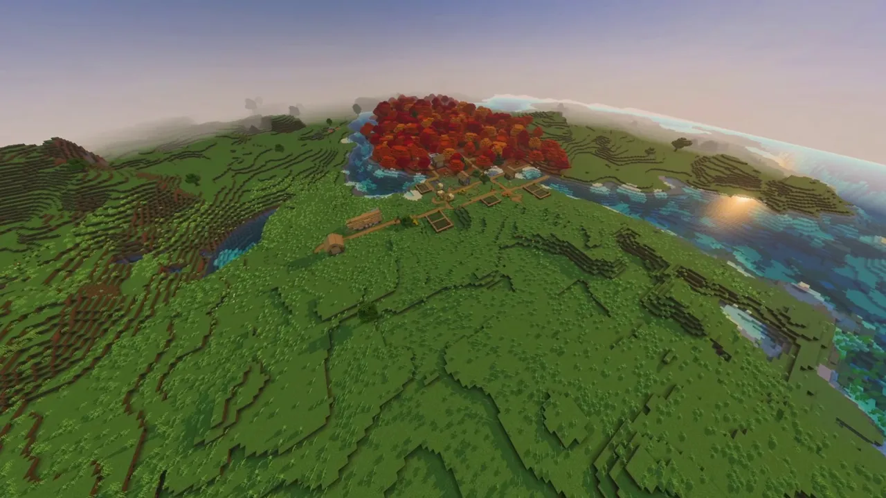 Forest Edge Settlement: forest edge settlement overview showing meadow fields and tree line