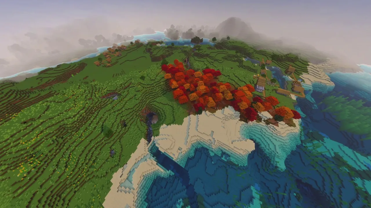 Red Grove Village: red grove village overview showing autumn forest border and flat plains