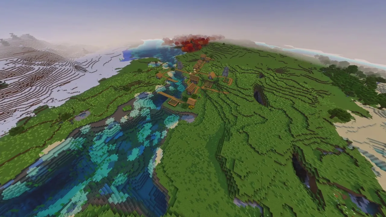Three-Biome Village: three-biome village overview showing plains and different forest borders