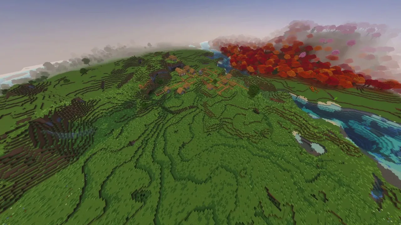 Twin Forest Village: twin forest village overview showing grassland corridor between woods