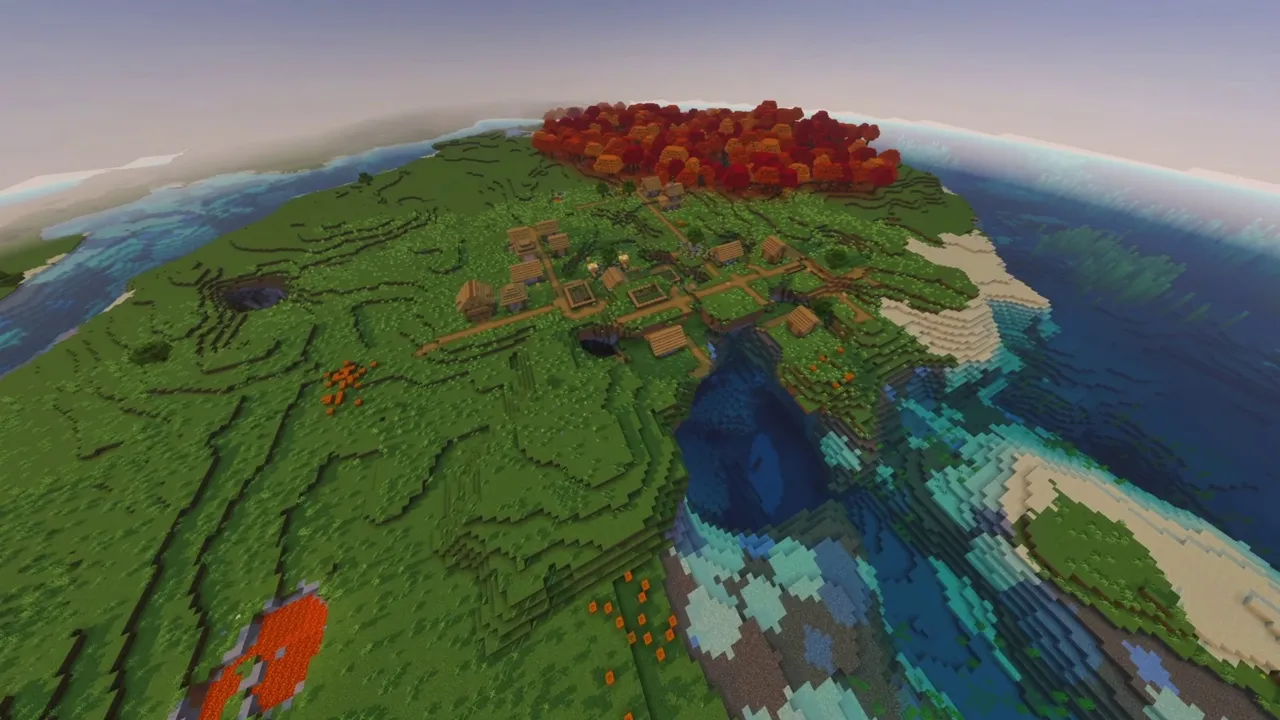 Village Beside the Grove: village beside the grove overview showing flat plateau and poplar cluster