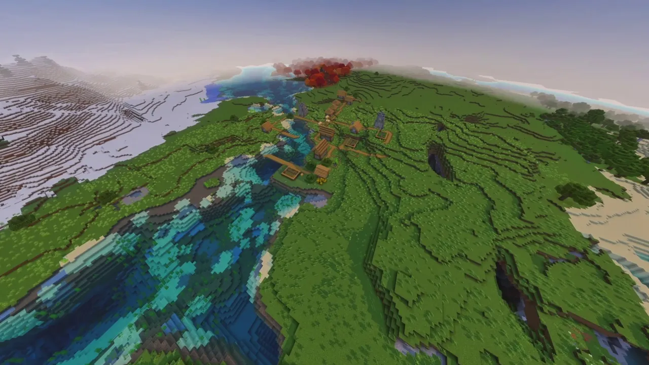 Three-Biome Village: village border showing multiple tree types and flat building ground