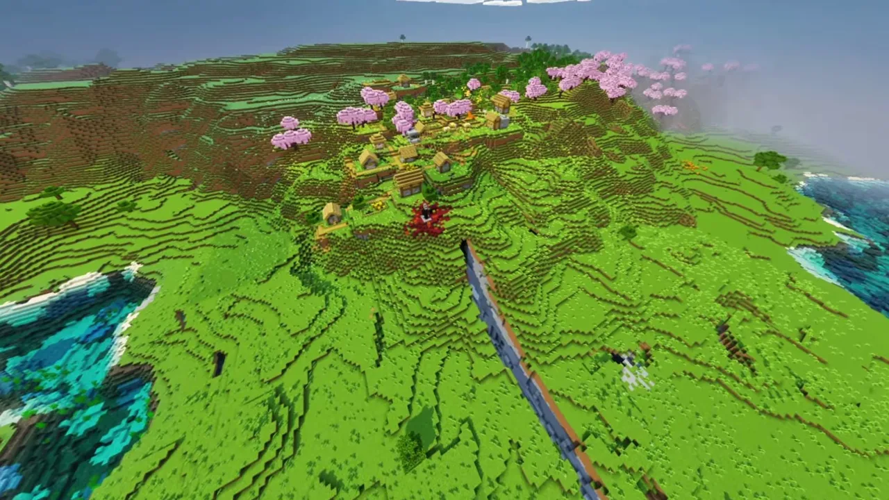 Blooming Hillside Village: blooming hillside village view showing cherry blossom trees and buildings