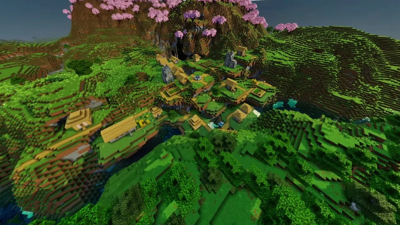 Ocean Cliff Blossom Village: landscape of ocean cliff blossom village with surrounding mountains and trees