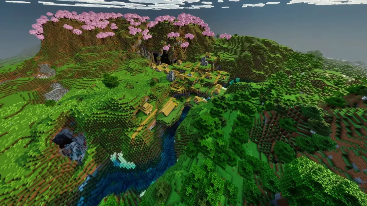 Ocean Cliff Blossom Village: ocean cliff blossom village view showing cherry blossom trees and buildings