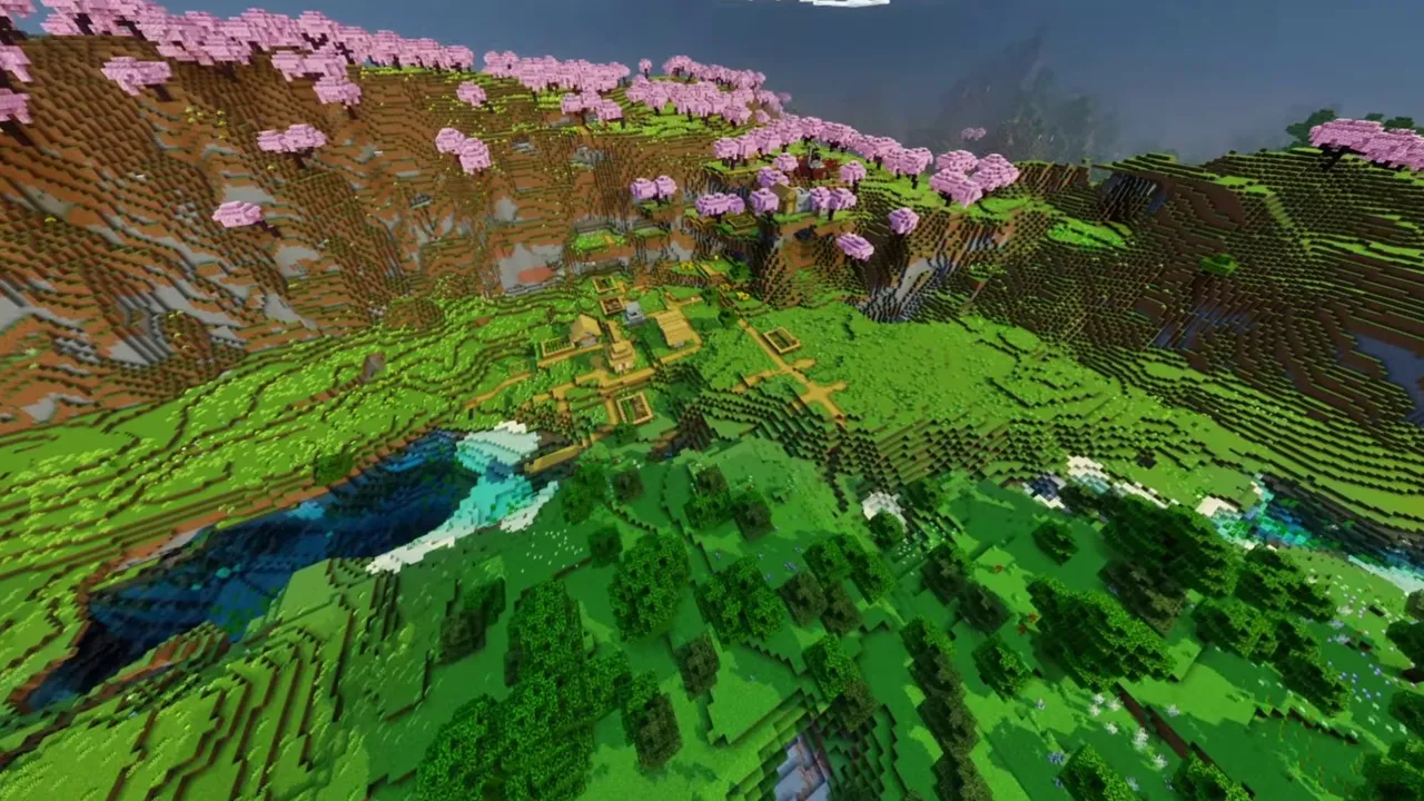 Pink Peak Valley: pink peak valley view showing cherry blossom trees and buildings
