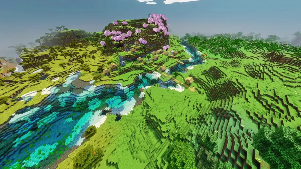 Three Biome Crossing Village: three biome crossing village view showing cherry blossom trees and buildings