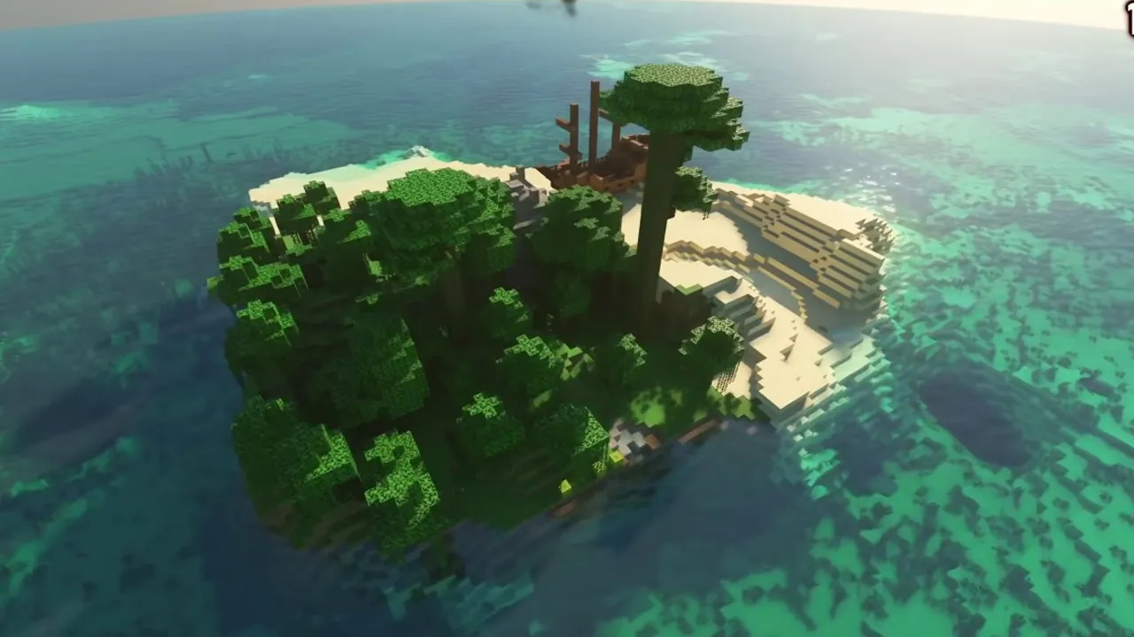 Jungle Beach Shipwreck Adjacent to Deep Coral Reefs: Aerial view of dense jungle foliage encircled by clear turquoise ocean