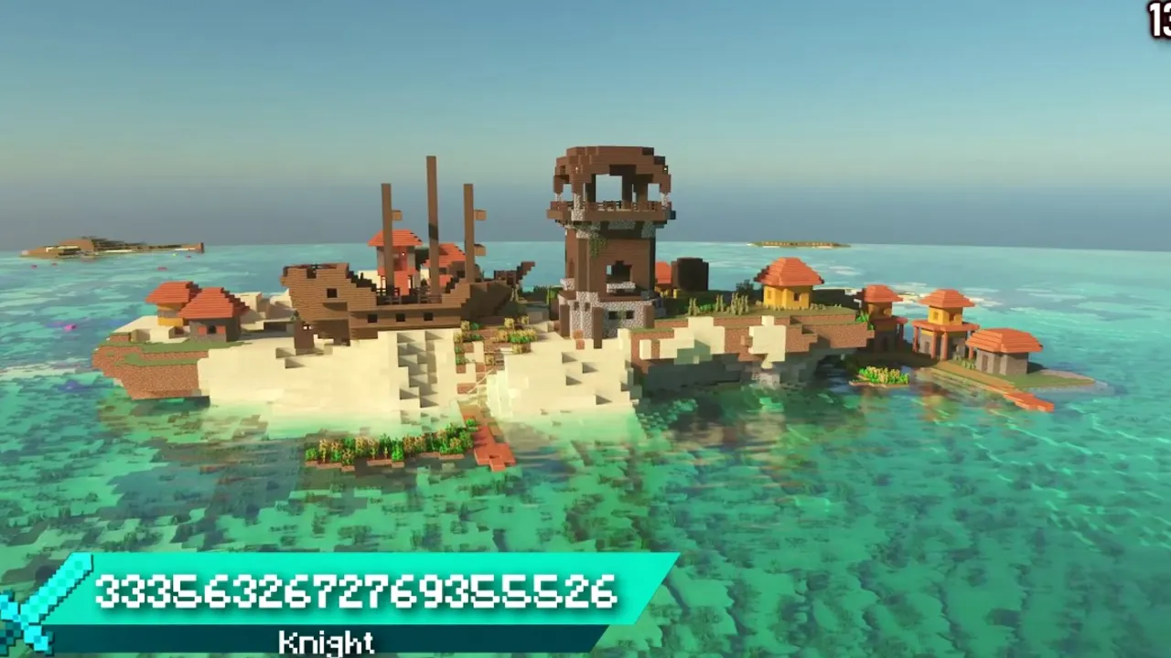 Island Village and Pillager Outpost Over Shallow Coral Shallows: Island village huts and pillager outpost surrounded by clear turquoise coral water