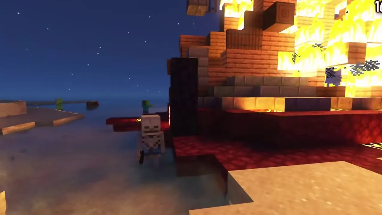 Ocean Ruined Portal Island Bordering a Vast Coral Shelf: Night view of burning nether portal framing sandy island perimeter