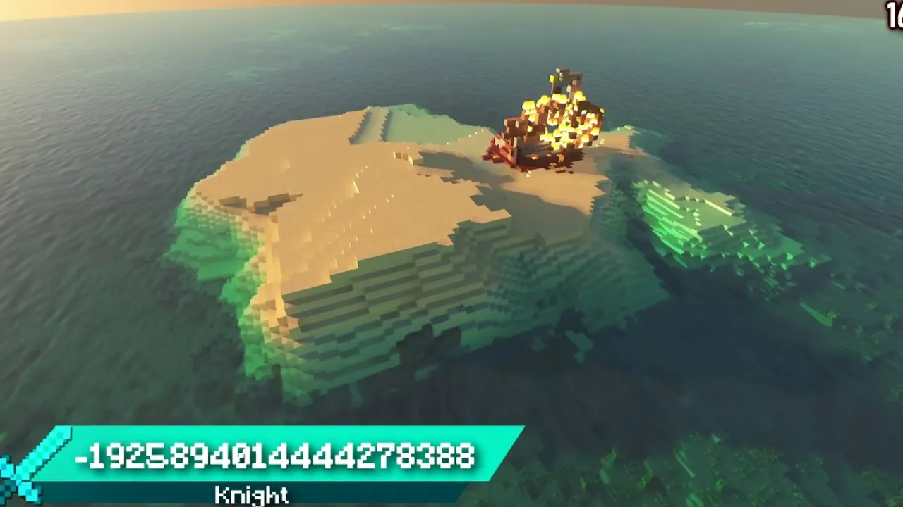 Ocean Ruined Portal Island Bordering a Vast Coral Shelf: Ruined nether portal ablaze on sand island with luminous coral surf