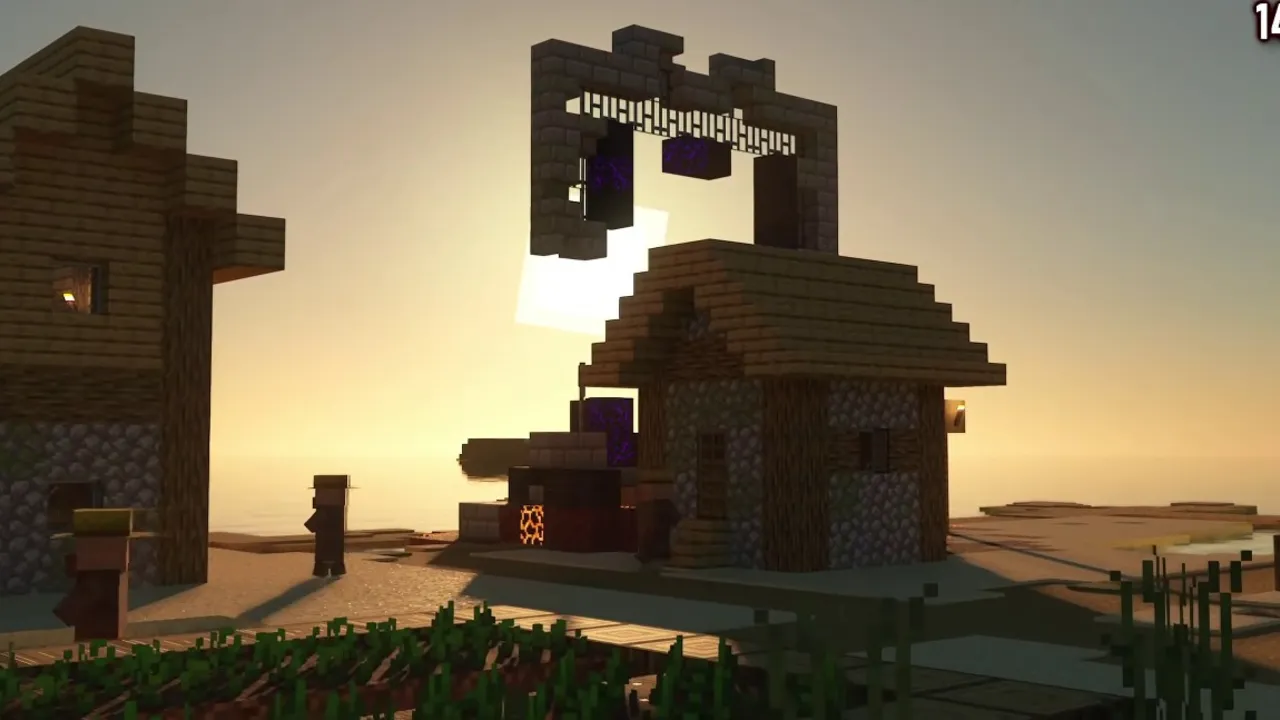Desert Village Island Enclosed by Circular Warm Ocean Reefs: Ruined nether portal frame standing beside village houses at sunset